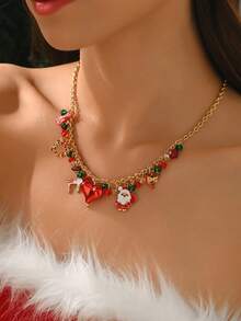 1pc Christmas Series Colorful Cartoon Santa Claus, Snowman, Heart, Reindeer, Bow, Wreath, Boot Pendant Necklace, Holiday Sweater Chain, Choker, Gift For Friends, New Year Gift