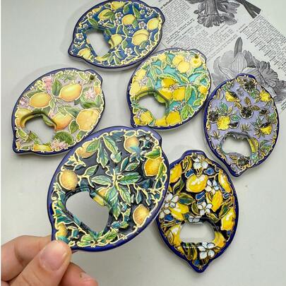2-In-1 Cute Farmhouse Style Lemon Plant Leaf Pattern Embossed Gold Foil Refrigerator Magnet Bottle Opener, Suitable For Home Decor, Refrigerator, Bottle Opening, Daily Use And Holiday Gifts