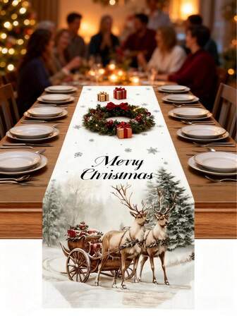 圣诞桌旗，驯鹿冬青叶浆果图案，圣诞灯饰，13 x 72 英寸，冬季圣诞节家居厨房餐桌用品派对装饰，圣诞装饰品，圣诞礼物，圣诞装饰