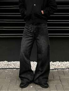 Casual Street Fashion Washed Denim Jeans, Minimalist Loose Wide-Leg Jeans - Black - View 5