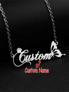 1pc Customized Crown & Butterfly Name Necklace - Elegant Stainless Steel Jewelry With Personalized Pendant, Suitable For Birthday, Holidays And Casual Wear