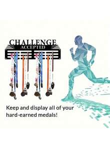 1 pieza, 30cm x 10,5cm Soporte de medalla de metal - Capacidad para 60 medallas, Estante de pared para exhibición con instalación fácil para maratón, carrera, fútbol, softball, premios y cintas, regalo de Navidad