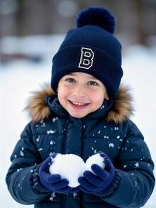 儿童冬季针织帽手套三件套，适合男婴和女婴，A-Z字母针织帽带绒球，儿童保暖手套，适合4-8岁儿童日常保暖穿着 - 藏蓝色 - 查看 2