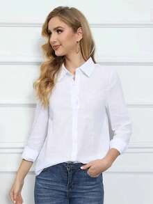 Women's Cotton Linen Blouse Long Sleeves Plus Size - trắng - Xem 10