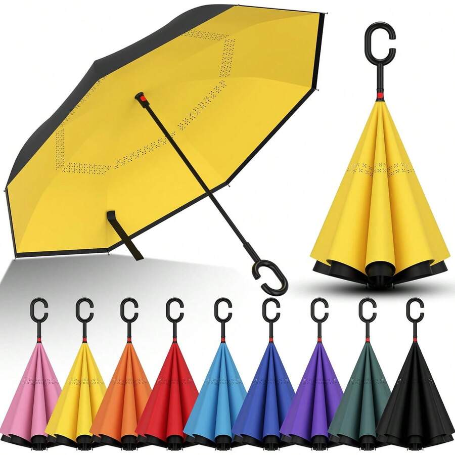 Paraguas Invertido Doble Capa - Sombrilla Reforzada Antiviento y Lluvia con Mango en Forma C, Paraguas Grande UV Impermeable para Hombre y Mujer, Manos Libres Portátil - Morado - Ver 1