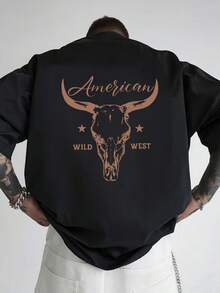 Men'S Black Western Cowboy Graphic T-Shirt - American Wild West Bull Skull Back Print Tee, Breathable Summer Shirt For Casual Outfits, Themed Events & Casual Attire - Lightweight Everyday Top, Cowboy Accessories, Outdoor Activities, Bold Design, Soft Material, Statement Tee, Fashion Enthusiasts, Outdoor Clothing,  Top, Comfortable Fit, Short Sleeve Top, Outdoor Adventurers - 黑色 - 查看 1