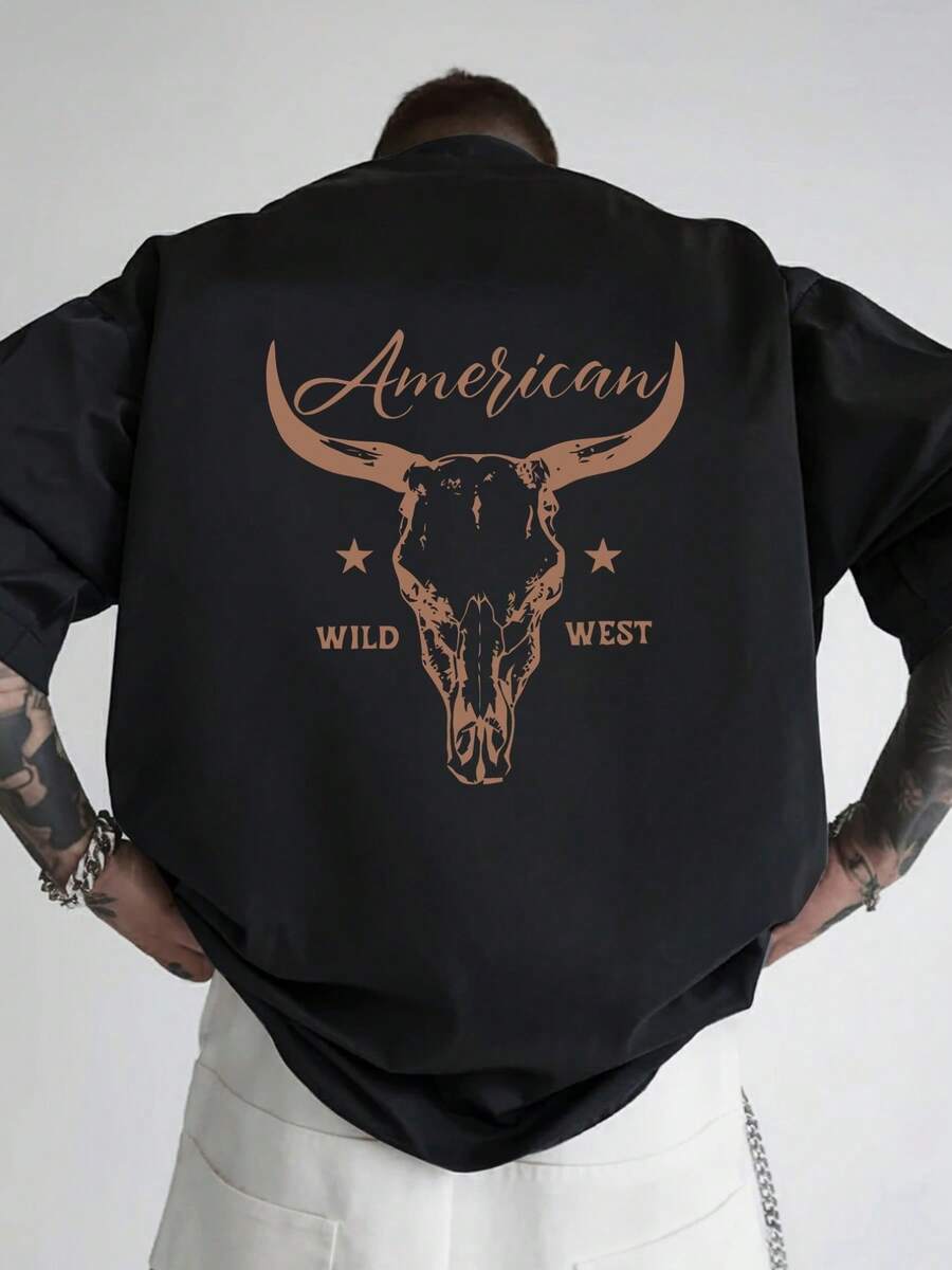 Men'S Black Western Cowboy Graphic T-Shirt - American Wild West Bull Skull Back Print Tee, Breathable Summer Shirt For Casual Outfits, Themed Events & Casual Attire - Lightweight Everyday Top, Cowboy Accessories, Outdoor Activities, Bold Design, Soft Material, Statement Tee, Fashion Enthusiasts, Outdoor Clothing,  Top, Comfortable Fit, Short Sleeve Top, Outdoor Adventurers - 黑色 - 查看 1