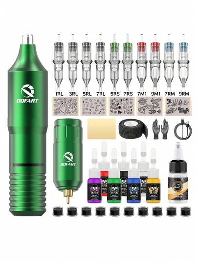 DQFART Kabelloses Tattoo-Pistolen-Set, ausgestattet mit Tattoo-Maschinen-Stift, Tattoo-Akku, ein komplettes Tattoo-Set geeignet für Anfänger und Tattoo-Künstler, inklusive Tattoo-Nadeln, Tattoo-Farbe, Tattoo-Transfercreme, Tattoo-Zubehör, geeignet für Feiertage und als Geschenk