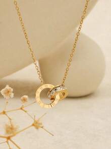 1PC Luxurious Roman Digital Double Ring Pendant Necklace Zirconia Women's Round Stainless Steel Necklace Jewelry - 金子 - 查看 6