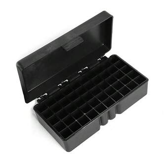1 pieza Caja de almacenamiento de munición de 9 mm con capacidad para 50 cartuchos, caja de almacenamiento de balas portátil para exteriores, caja de plástico negro universal para subametralladora que puede almacenar
