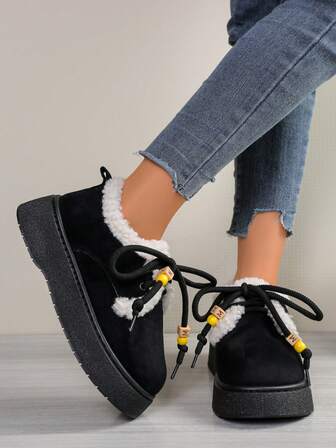2025 New Winter Short Thick-Soled Snow Boots/Fashionable Double-Row Metal Buckle, Lace-Up Design/Thermal Lined Thick, Anti-Slip Warm, Fashionable & Versatile/Platform Sole Ankle Boots Essential For Winter Outfits,Fur Boots