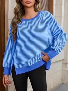 Fisoew Women's Fall Y2K Oversized Outdoor Sweatshirt, Casual Waffle Knit Long Sleeve Top, Split Hem Tunic Pullover For Hiking Camping Aesthetic - 藍色 - 查看 5