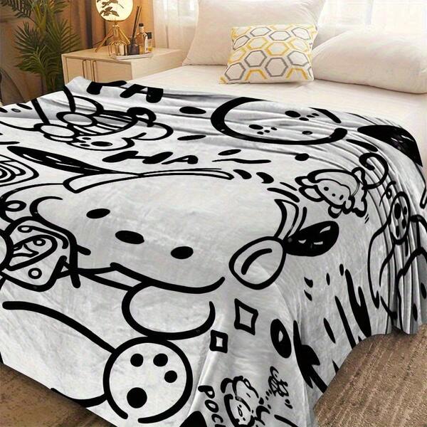 Sanrio Pochacco Cozy Flannel Blanket – Soft, Cute Cartoon Design With Playful Animal Illustrations, Perfect For Sofa, Bed, Office & Travel | All-Season Use, Hand Wash Only, White