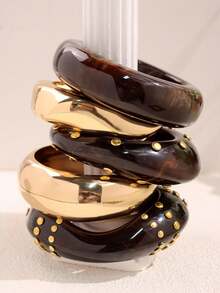 棕色渐变金色铆钉手链，粗犷几何树脂金属手链，不对称独特秋冬叠戴首饰，女士 - 彩色 - 查看 4