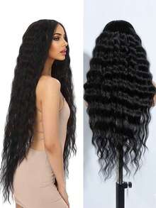 Billowig 30-Inch Long Curly Black Middle Part Wig, Extra-Long Black Wig, Women'S Fashionable Natural Elegant Style Beginner Friendly, High Temperature Synthetic Fiber, Rose Net Cap - Ideal For Daily Wear, Cosplay, Christmas, Halloween, Costume Parties, Music Festivals, Weddings And Balls - màu đen - Xem 10