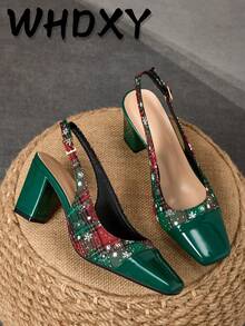 WHDXY 1 paire de talons hauts à bout fermé avec design flocon de neige pour femmes, talons aiguilles sexy de 7 cm, chaussures de soirée de base à enfiler pour le bureau, les hôtesses de l'air, les fêtes - Vert - Voir 1