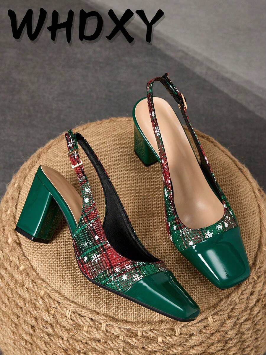 WHDXY 1 paire de talons hauts à bout fermé avec design flocon de neige pour femmes, talons aiguilles sexy de 7 cm, chaussures de soirée de base à enfiler pour le bureau, les hôtesses de l'air, les fêtes - Vert - Voir 1