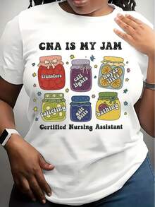 Women's T-Shirt With CNA Is My Jam Jar Design Featuring Certified Nursing Assistant Text And Fun Activities - Perfect For Healthcare Workers And CNA Professionals,220g - 白色 - 查看 1