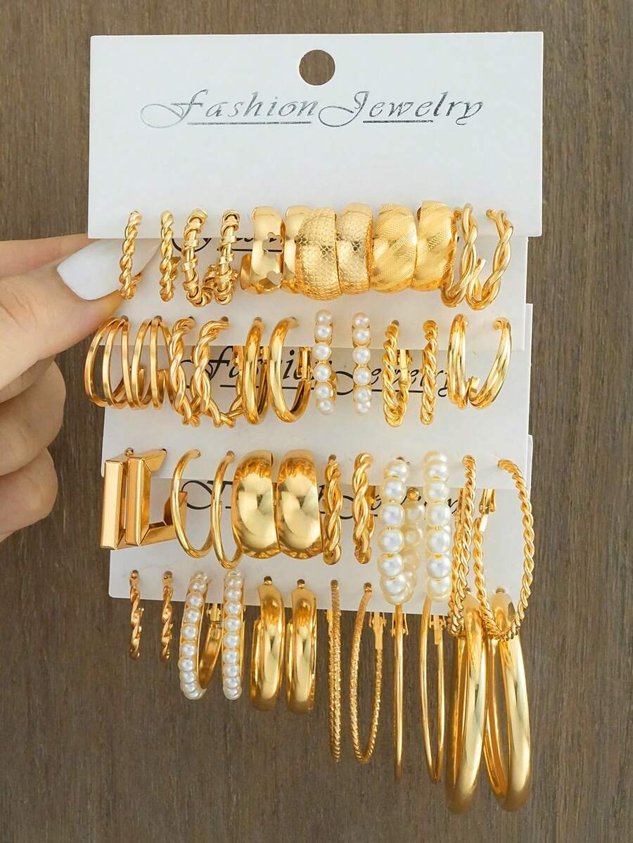 48/24/12pcs Elegant Metal Earring Set For Women, Faux Pearl Earrings, Geometric C-Shaped Stud Earrings, Suitable For Daily Wear, Parties, Holidays, Gift Set