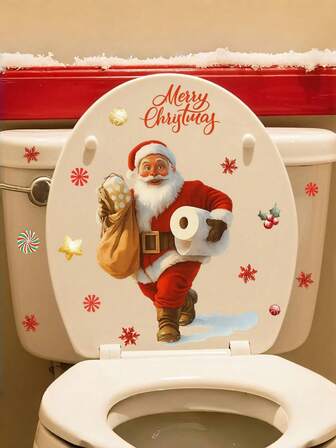 1张圣诞节马桶贴纸。圣诞老人贴纸，家居浴室装饰贴纸，马桶贴纸，浴室门贴纸，窗户贴纸，展示窗贴纸，家居贴纸，适用于浴室、房间、卧室、门窗、厨房和客厅。家居装饰，圣诞节装饰，墙面装饰，墙贴，圣诞装饰。