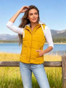Women's Hooded Puffer Vest, Winter Warm Zip Up Quilted Jacket For Outdoor Casual Wear - Màu vàng - Xem 1