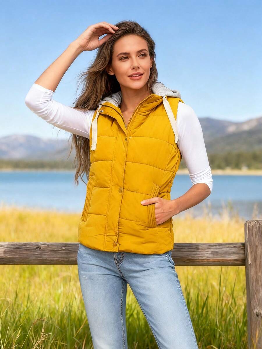 Women's Hooded Puffer Vest, Winter Warm Zip Up Quilted Jacket For Outdoor Casual Wear - Màu vàng - Xem 1