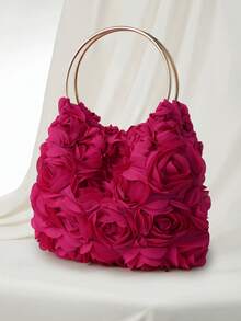 Clariva Elegant Rose Flower Evening Clutch Bag, Women's Formal Party Handbag, Sweet Girl Hand-Held Bag, Solid Color Bucket Bag, Bridal Handbag (Pattern Random), Exquisite Floral Bag For Women Gifts - Hot Pink - View 2