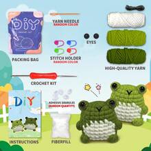Set de 2 piezas de ganchillo con diseño de rana, kit de ganchillo de animales para principiantes con ganchos de ganchillo, lana, muñeca y kit de ganchillo de animales positivos con tutoriales en video paso a paso, regalo creativo para festivales y suministros de fiesta de cumpleaños, decoración de arte y artesanía para el hogar (accesorios en color aleatorio)