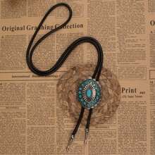 8pcs Unique Bolo Tie, Comfortable Sweater Chain, Turquoise, Korean Wax Line Necklace, Geometric Pattern Feather Pendant Brooch