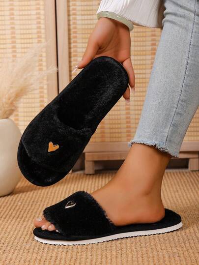 Pantuflas de felpa con forma de corazón y puntera abierta para mujeres, pantuflas de interior para dormitorio y hogar, aptas para todas las estaciones