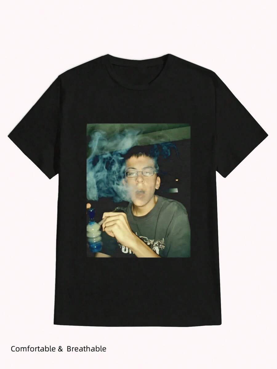 Mclovin Smoking Graphic Vintage Style ,Casual Print,Comfortable And Versatile,Letter Pattern Pure Cotton 220g Printed T-Shirt - 黑色 - 查看 1