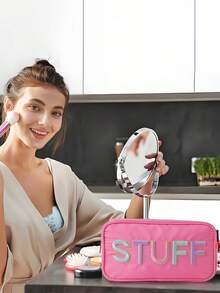 1pc Personalized Birthday Gift, Cute College Style Cosmetic Bag For Mom, Girlfriend, Nylon Material Zipper Pouch, Makeup Bag, Toiletry Bag, Ladies Girls Makeup Bag, Travel Essential, Large Capacity, Big Makeup Bag - Multicolor - View 4