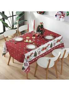 Une nappe de Noël joyeuse - motifs de fleurs rouges et d'arbres de Noël, en polyester, décorations rectangulaires pour le repas de fête