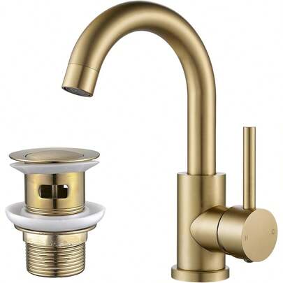 Basin Tap With Waste, NewEast Gold Bathroom Sink Mixer Tap Single Lever Solid Brass