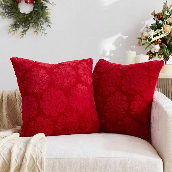 1pc/2pcs Red Christmas Snowflake Plush Embossed Decorative Pillow Cover (Pillow Insert Not Included), Reversible Dutch Linen Fabric, Square Cushion Cover, Holiday Home Decor Pillow, Soft Plush Fabric, Modern Decorative Sofa, Home Bedroom, Dorm Use