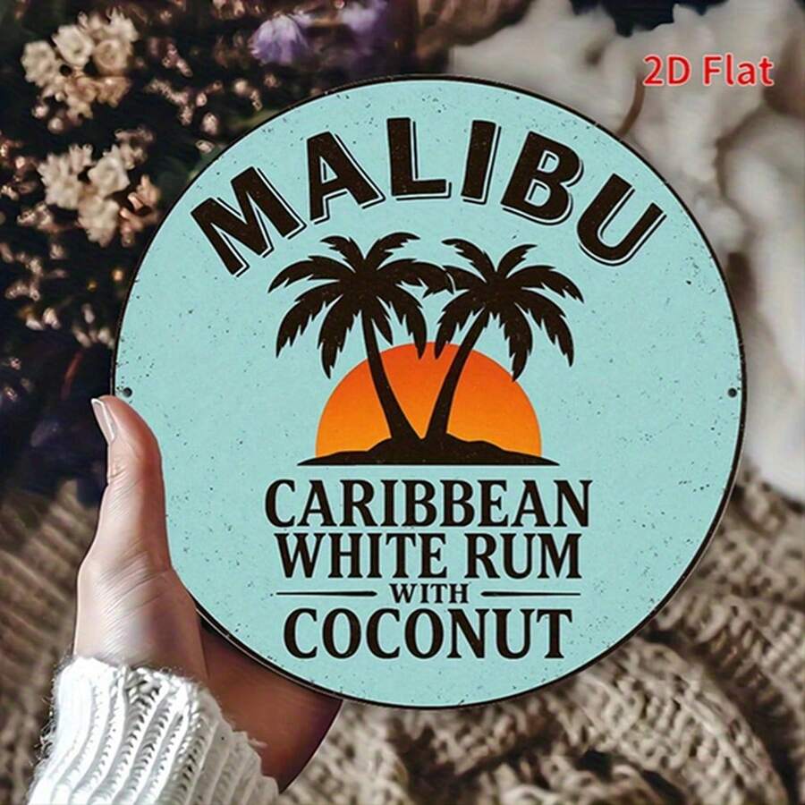 2D Flat, 1pc Malibu Caribbean White Rum Coconut Theme, 7.8-Inch Iron Sign Wall Art, Rustic Vintage Design With Palm Trees & Sunset, Perfect For Home & Restaurant Decor, Ideal Holiday Gift, Coastal Home Decor, Perfect For Room Decor - 彩色 - 查看 1