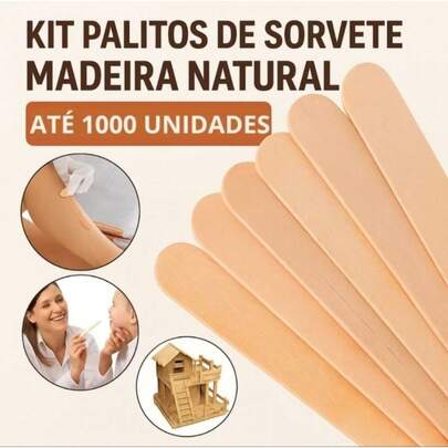 1000 Palitos de Sorvete, Depilação, Maçã do amor, Dentista, Palitos Madeira, Artesanatos - Ponta Redonda Virgem.