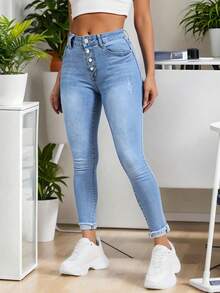 Pantalones vaqueros ajustados de tiro alto color azul claro con cierre múltiple, tejido suave y elástico, estilo casual y versátil - Lavado ligero - Ver 3