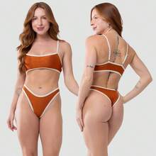 Bravaa Store Women's Two-Tone Ribbed Bikini With Cropped Top And G-String Thong, Lycra 340 Lined - 駝色 - 查看 8