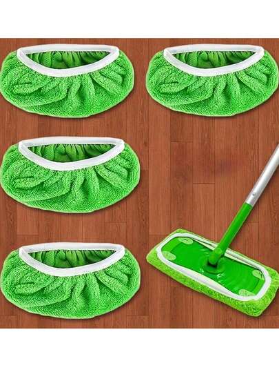 4 Reusable Mop Pads: Washable, Highly Absorbent, Suitable For Both Dry And Wet Cleaning, Green Polyester Fiber With White Edge Circular Design, Compatible With Most Flat Mops, No Mop Head Included, Efficient Floor Care Tool, Meticulous Surface Treatment, Highly Absorbent Material