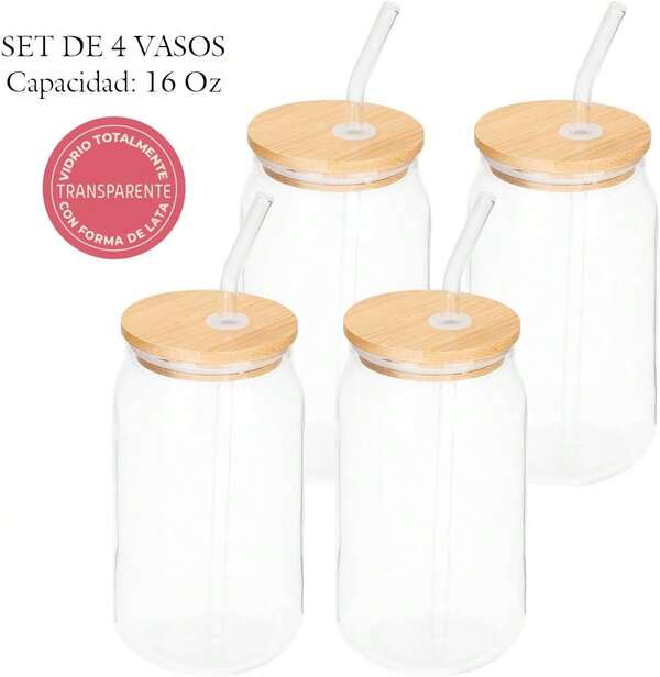 SELECTSHOP Set De 4 Vaso Tipo Lata De Vidrio Con Tapas Popotes De Vidrio Y Cepillo De Limpieza Vasos para Cerveza Taza de Café Helado Vasos de Cóctel Adecuados para Agua Jugo Sodaé Regalo (Set De 4)