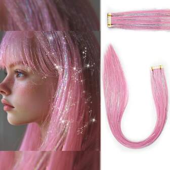 迷你胶带式接发，混合亮片，情人节闪光发，24英寸10片装直发隐形彩色胶带式接发，适用于万圣节角色扮演、时尚派对、圣诞节、新年礼物