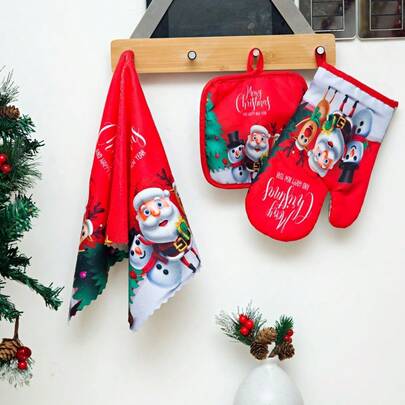 3pcs/Set Christmas Snowman Heat Resistant Oven Gloves & Pot Holder, Thick Baking Gloves & Microwave Oven Mitts, Christmas Series Anti-Scald Gloves