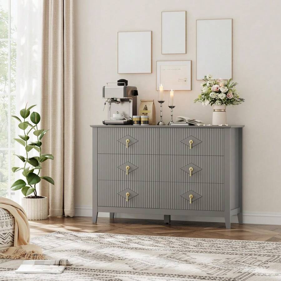 Fluted Dresser For Bedroom With 6 Drawers, Mid Century Modern Chest Of Drawers With Metal Handles, Wide Boho Wood Dressers, Large Farmhouse Storage Cabinet For Bedroom, Living Room - Xám - Xem 1