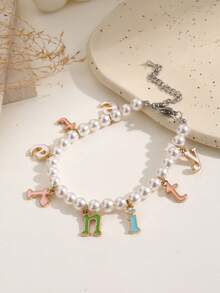 1 pieza Pulsera personalizada con letra de color para mujeres y niñas, pulsera de esmalte con letra personalizada y perla falsa, joyería personalizada para compromiso y boda, accesorios de moda, estilo otoñal, casual, sencillo, unisex, personalizado con colores, personalizado, único, regalo ideal para ella, regalo ideal para él - Multicolor - Ver 6