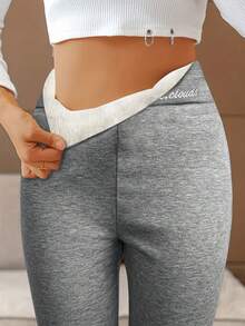 Women'S High-Waisted Fleece-Lined Embroidered Leggings - Thermal Winter Workout Pants With Medium Stretch,  Solid Color Casual Athletic Wear For Gym, Training & Casual Attire, Workout Leggings, Gym Apparel, Stylish Sportswear, Soft Fabric, Comfortable Fit Fleece Lined Leggings, Winter & Fall Casual Thermal Leggings, Women's Clothing  Active Wear Women   Summer  Gym Mujer  Gym Mujer  Workout Clothes For Women  Sweatshirts For Women  Women's All Season Clothes Women's Spring Clothes Women's Summer Clothes Women's Year Round Outfits Spring Fashion For Women Summer Fashion For Women - 灰色 - 查看 3