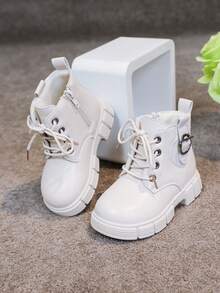 Toddler Girls' Lace-Up Side Zipper Outdoor Ankle Boots, Fashion Children Shoes, Girls' Short Boots, Spring Autumn Winter New Versatile