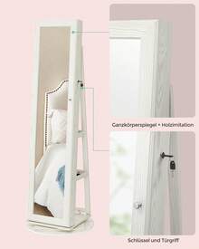 Schmuckschrank, Standspiegel, Spiegelschrank, mit Ganzkörperspiegel, um 360° drehbar, Schmuckaufbewahrung, abschließbar, mit Schlüsseln, Geschenkidee - Weiß mit grauer Holzmaserung - Übersicht 7