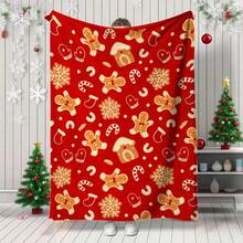 1pc Christmas Flannel Blanket, Cozy Soft Plush Throw With Gingerbread Man, Candy Cane, Snowflake & Christmas Tree Patterns, Festive Holiday Decor Blanket For Couch Bed, Warm Xmas Gift Blanket