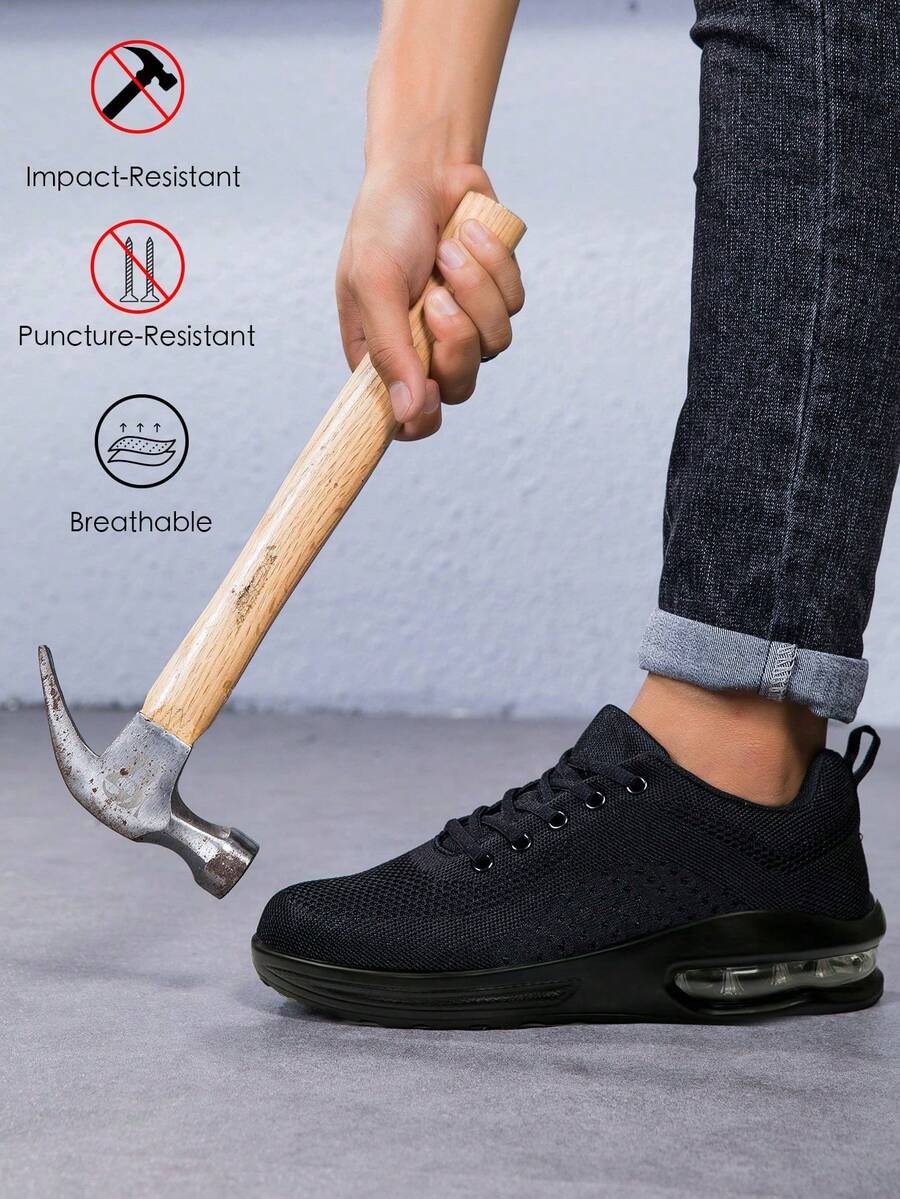 Anti-Slip, Anti-Puncture, Steel Toe Lightweight Work Shoes, Fashionable Breathable Anti-Slip Safety Shoes, Men & Women Air Cushion Labor Protection Shoes With Steel Toe - Black - View 1